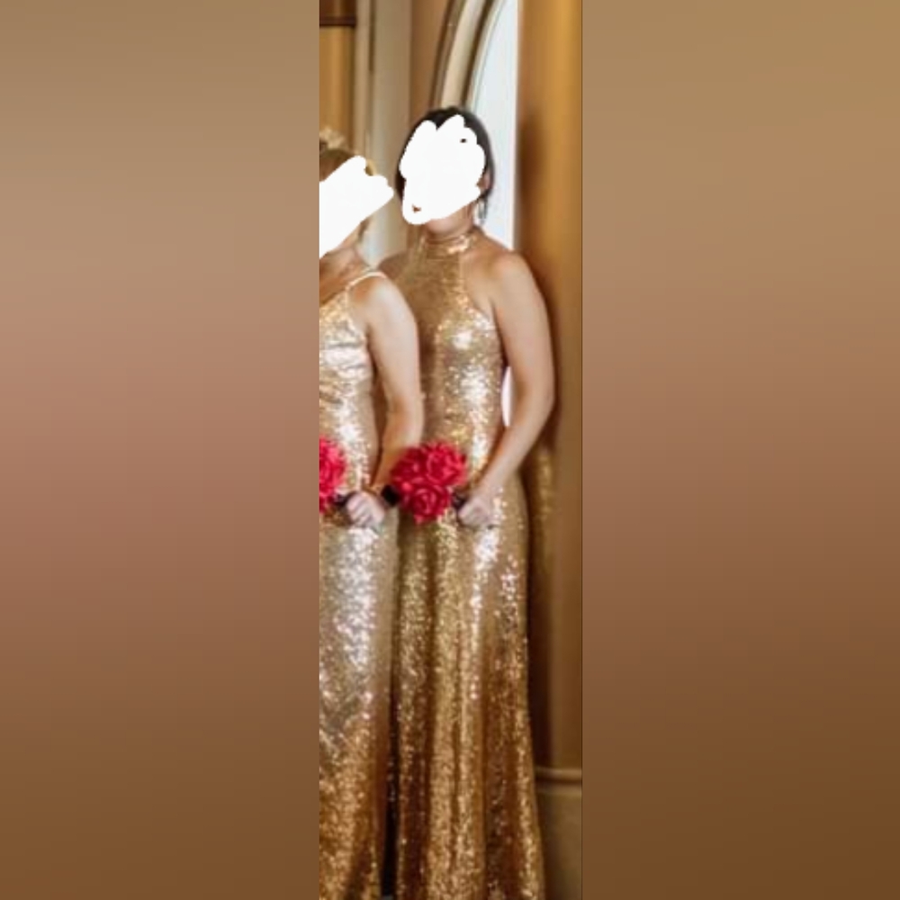 Revelry Gold 204 Sequin Maxi Dress Size 4 Bridesmaid Gown Halter Neck Tori Party